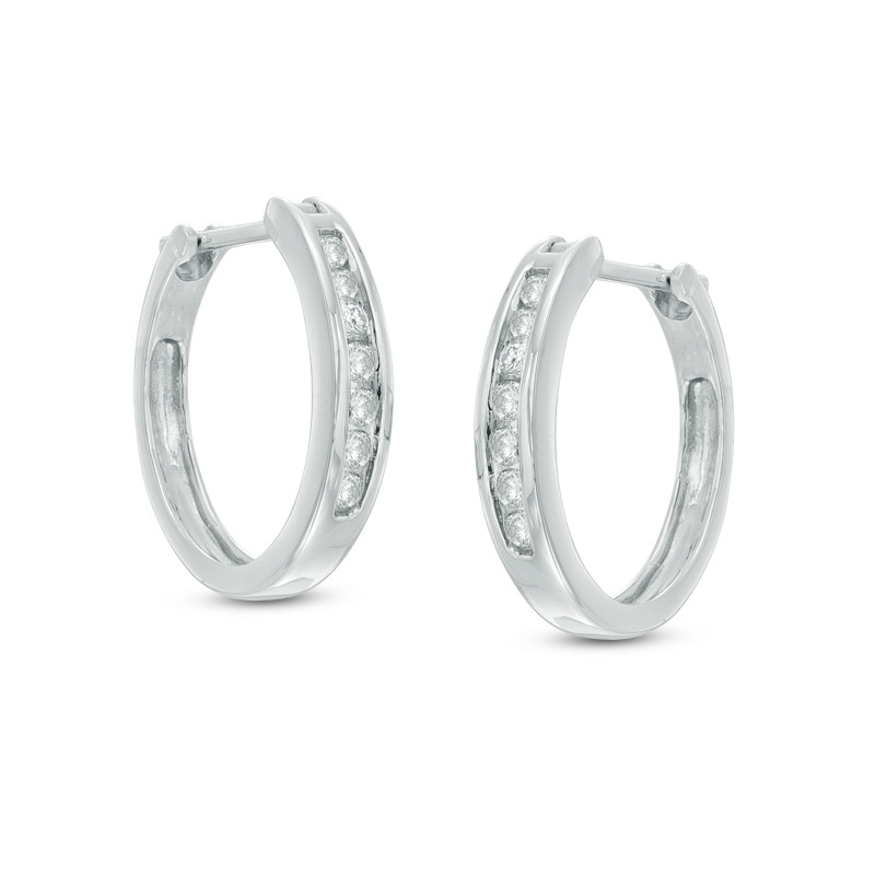 Main Image 1 of Previously Owned - 1/4 CT. T.W. Diamond Channel-Set Hoop Earrings in 14K White Gold