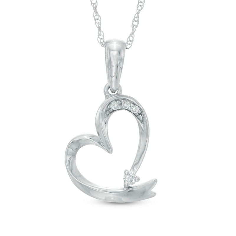 Main Image 1 of Previously Owned - Diamond Accent Tilted Ribbon Heart Pendant in 10K White Gold
