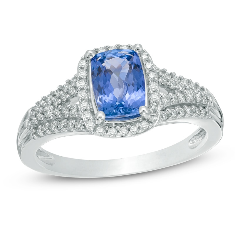 Main Image 1 of Previously Owned - Cushion-Cut Tanzanite and 1/4 CT. T.W. Diamond Frame Engagement Ring in 14K White Gold