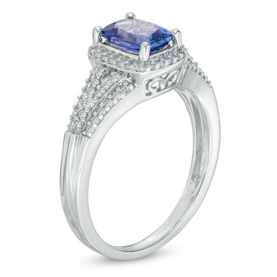 Previously Owned - Cushion-Cut Tanzanite and 1/4 CT. T.w. Diamond Frame Engagement Ring in 14K White Gold