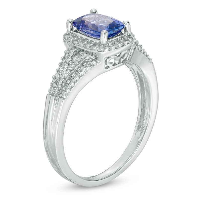 Main Image 2 of Previously Owned - Cushion-Cut Tanzanite and 1/4 CT. T.W. Diamond Frame Engagement Ring in 14K White Gold