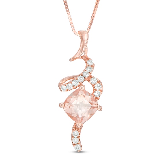 Previously Owned - 6.0mm Cushion-Cut Morganite and 1/10 CT. T.w. Diamond Ribbon Pendant in 10K Rose Gold