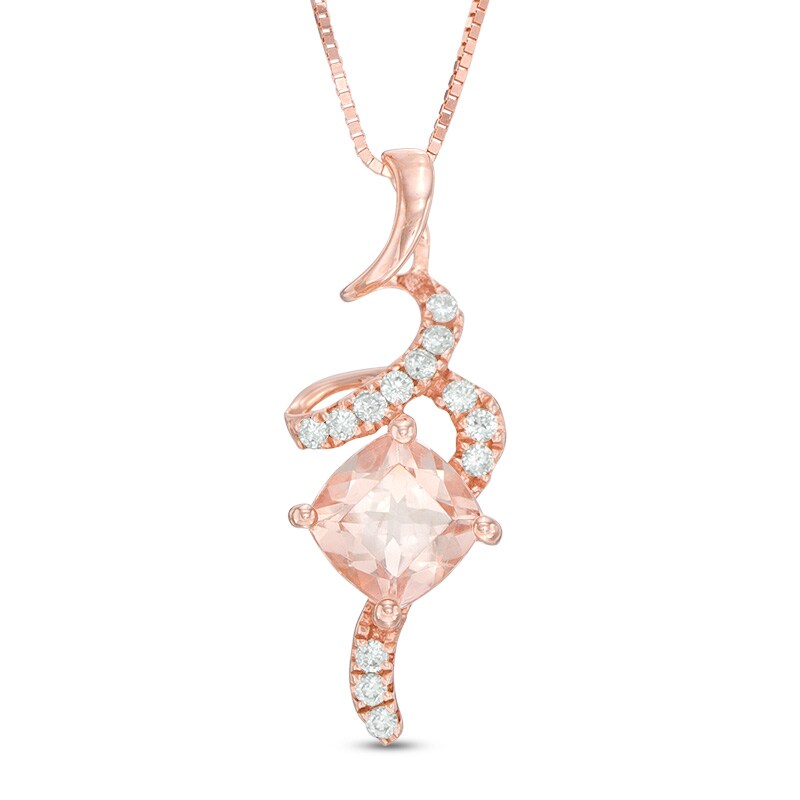 Main Image 1 of Previously Owned - 6.0mm Cushion-Cut Morganite and 1/10 CT. T.W. Diamond Ribbon Pendant in 10K Rose Gold
