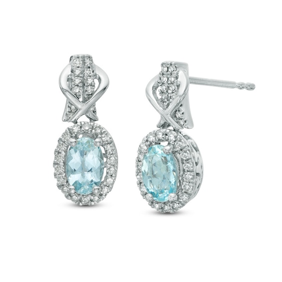 Previously Owned - Oval Aquamarine and 1/3 CT. T.w. Diamond Frame Drop Earrings in 10K White Gold