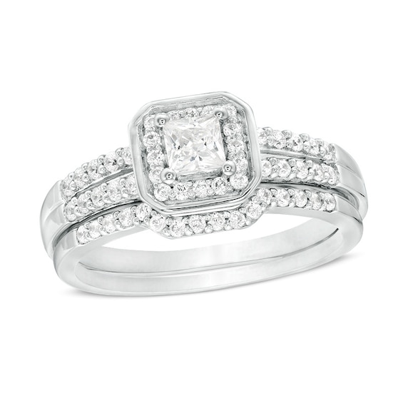 Previously Owned 1/2 CT. T.w. Princess-Cut Diamond Cushion Frame Soldered Bridal Set in Sterling Silver
