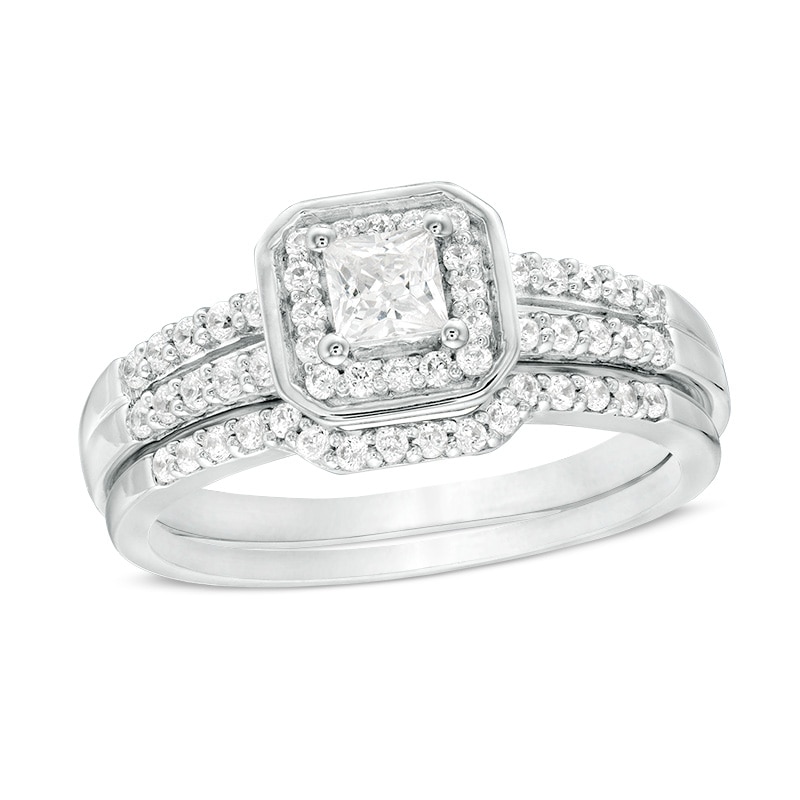 Previously Owned - 1/2 CT. T.W. Princess-Cut Diamond Cushion Frame Bridal Set in Sterling Silver