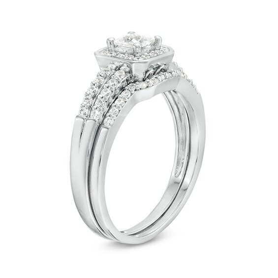 Previously Owned 1/2 CT. T.w. Princess-Cut Diamond Cushion Frame Soldered Bridal Set in Sterling Silver