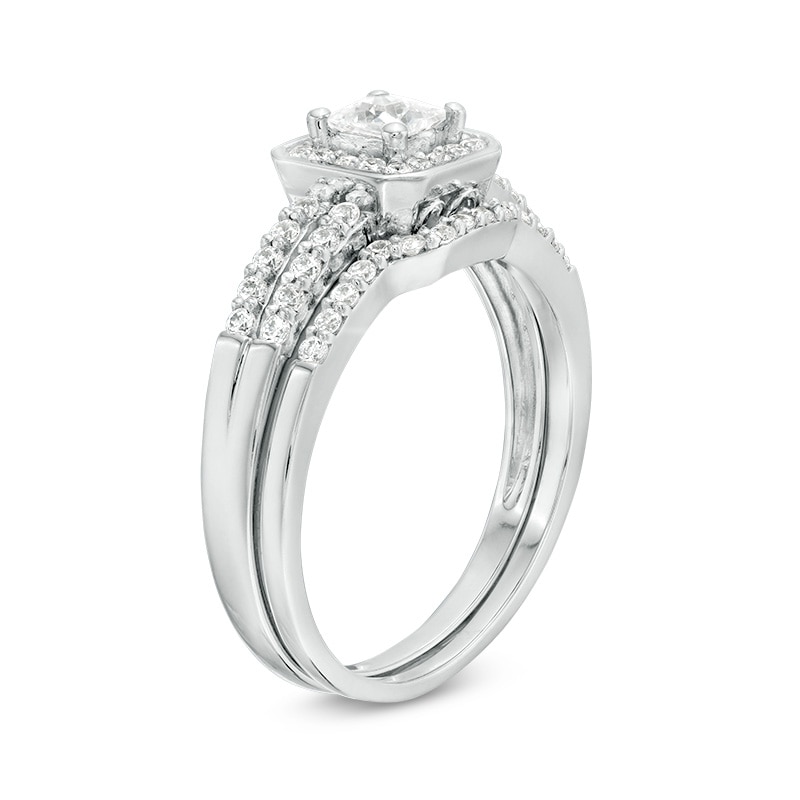 Previously Owned - 1/2 CT. T.W. Princess-Cut Diamond Cushion Frame Bridal Set in Sterling Silver