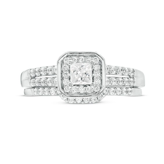 Previously Owned 1/2 CT. T.w. Princess-Cut Diamond Cushion Frame Soldered Bridal Set in Sterling Silver