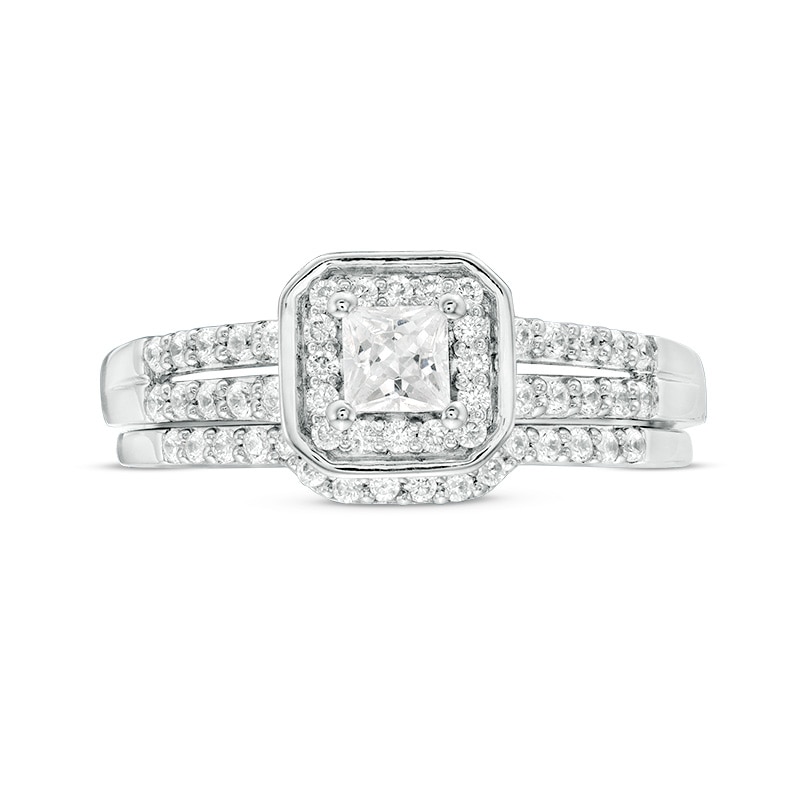 Previously Owned - 1/2 CT. T.W. Princess-Cut Diamond Cushion Frame Bridal Set in Sterling Silver