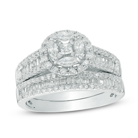 Previously Owned - 1-1/6 CT. T.w. Multi-Diamond Frame Bridal Set in 10K White Gold