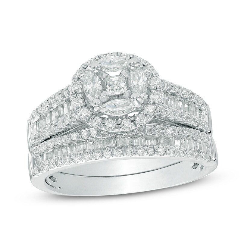Main Image 1 of Previously Owned - 1-1/6 CT. T.W. Multi-Diamond Frame Bridal Set in 10K White Gold
