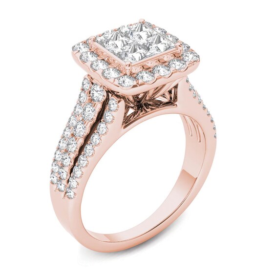 Previously Owned - 2 CT. T.w. Quad Princess-Cut Diamond Frame Engagement Ring in 14K Rose Gold