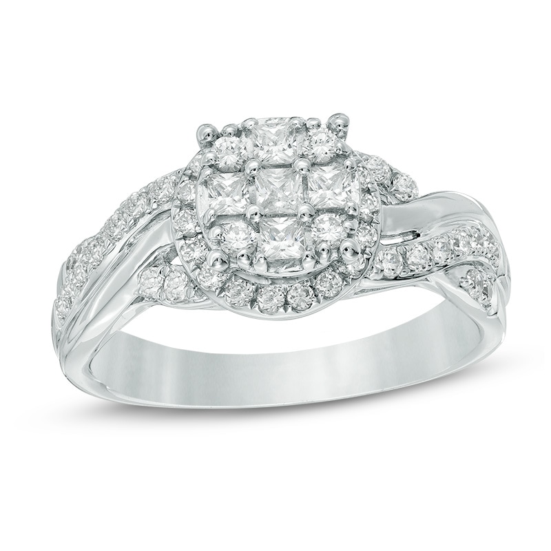 Main Image 1 of Previously Owned - 3/4 CT. T.W. Princess-Cut Composite Diamond Frame Ring in 10K White Gold