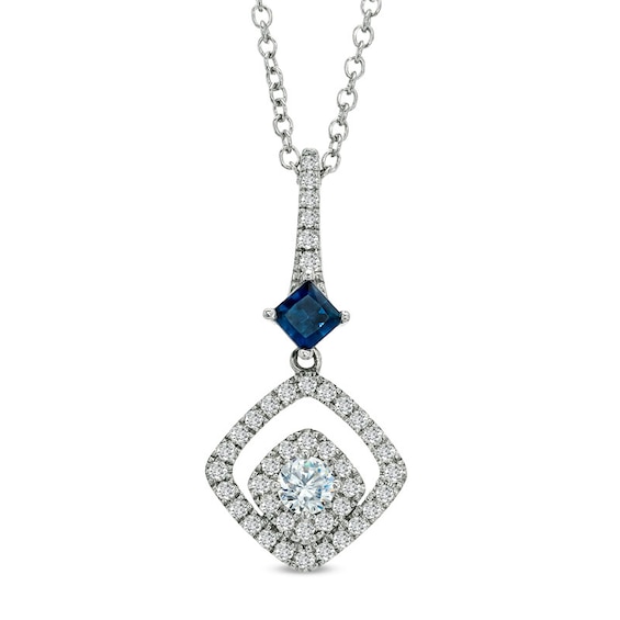 Previously Owned - Vera Wang Love Collection 1/2 CT. T.w. Diamond and Blue Sapphire Drop Pendant in 14K White Gold