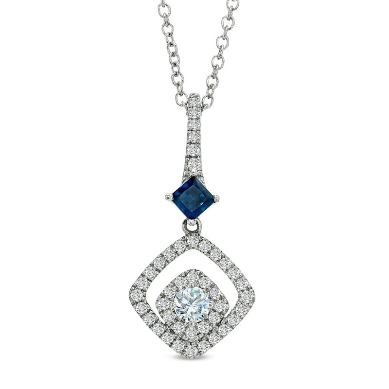 Main Image 1 of Previously Owned - Vera Wang Love Collection 1/2 CT. T.W. Diamond and Blue Sapphire Drop Pendant in 14K White Gold
