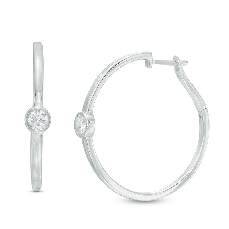 Main Image 1 of Previously Owned - 3/8 CT. T.W. Diamond Bezel-Set Hoop Earrings in 10K White Gold