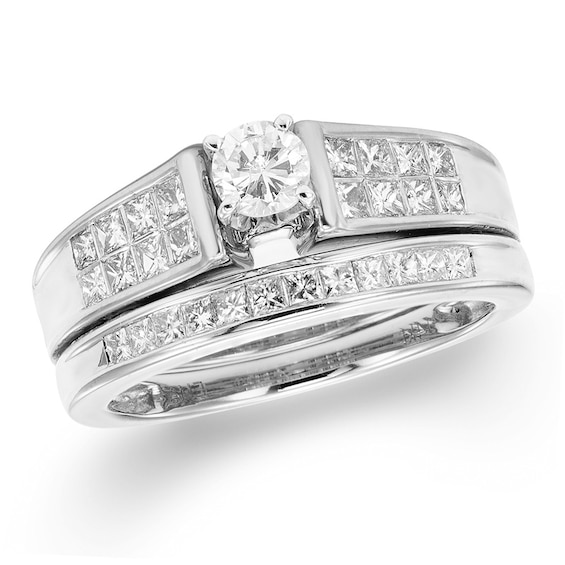 Previously Owned - 1 CT. T.w. Diamond Two Row Bridal Set in 14K White Gold (I/I2)