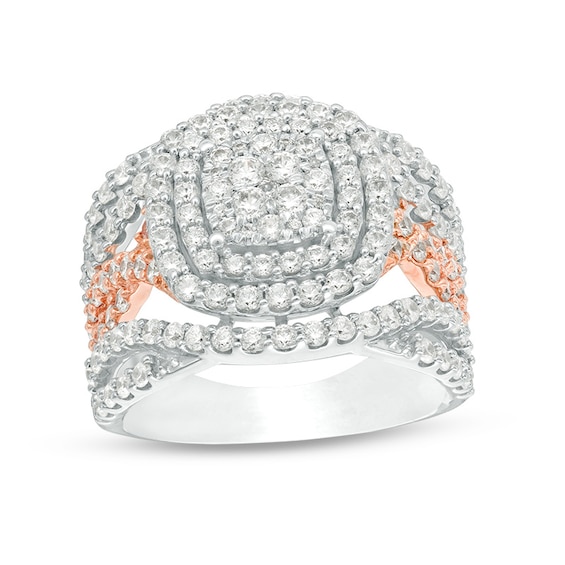 Previously Owned - 2 CT. T.w. Composite Diamond Cushion Frame Twist Multi-Row Ring in 10K Two-Tone Gold