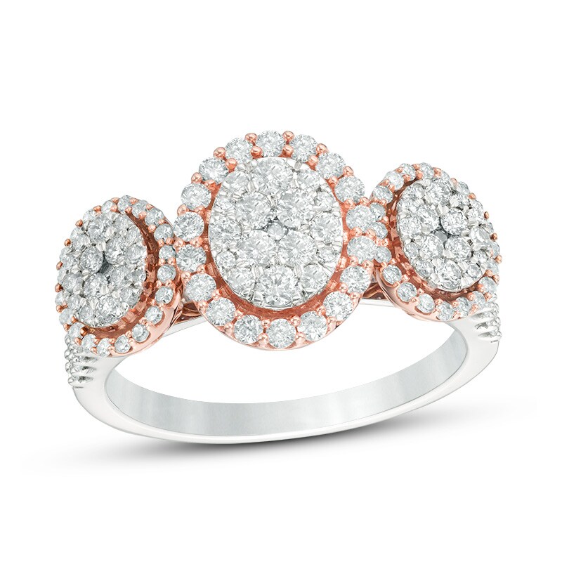 Main Image 1 of Previously Owned - 1 CT. T.W. Composite Diamond Three Stone Oval Frame Ring in 10K Two-Tone Gold