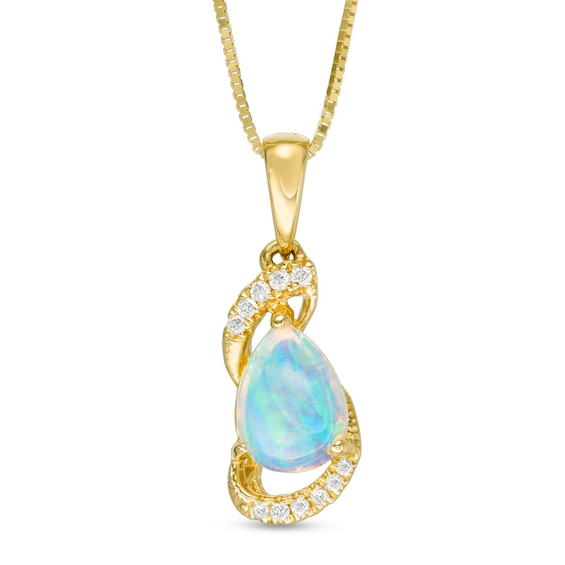 Previously Owned - Pear-Shaped Opal and Diamond Accent Ribbon Wrapped Pendant in 10K Gold
