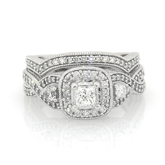 Previously Owned 1 CT. T.w. Princess-Cut Diamond Frame Vintage-Style Soldered Bridal Set in 14K White Gold