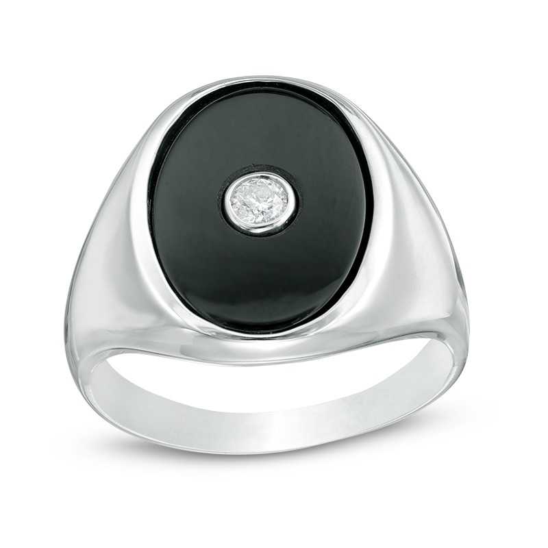 Main Image 1 of Previously Owned - Oval Onyx  and 1/10 CT. Diamond Signet Ring in Sterling Silver