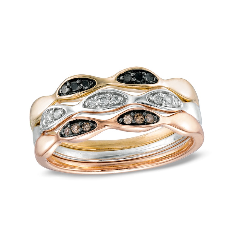 Main Image 1 of Previously Owned - 1/6 CT. T.W. Enhanced Black, Champagne and White Diamond Stackable Band Set in 10K Tri-Tone Gold