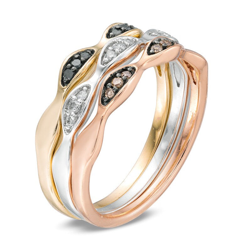 Main Image 2 of Previously Owned - 1/6 CT. T.W. Enhanced Black, Champagne and White Diamond Stackable Band Set in 10K Tri-Tone Gold