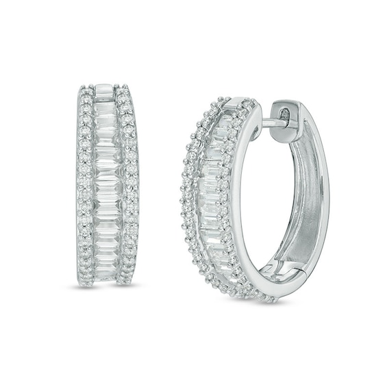 Previously Owned - Baguette Lab-Created White Sapphire Triple Row Oval Hoop Earrings in Sterling Silver
