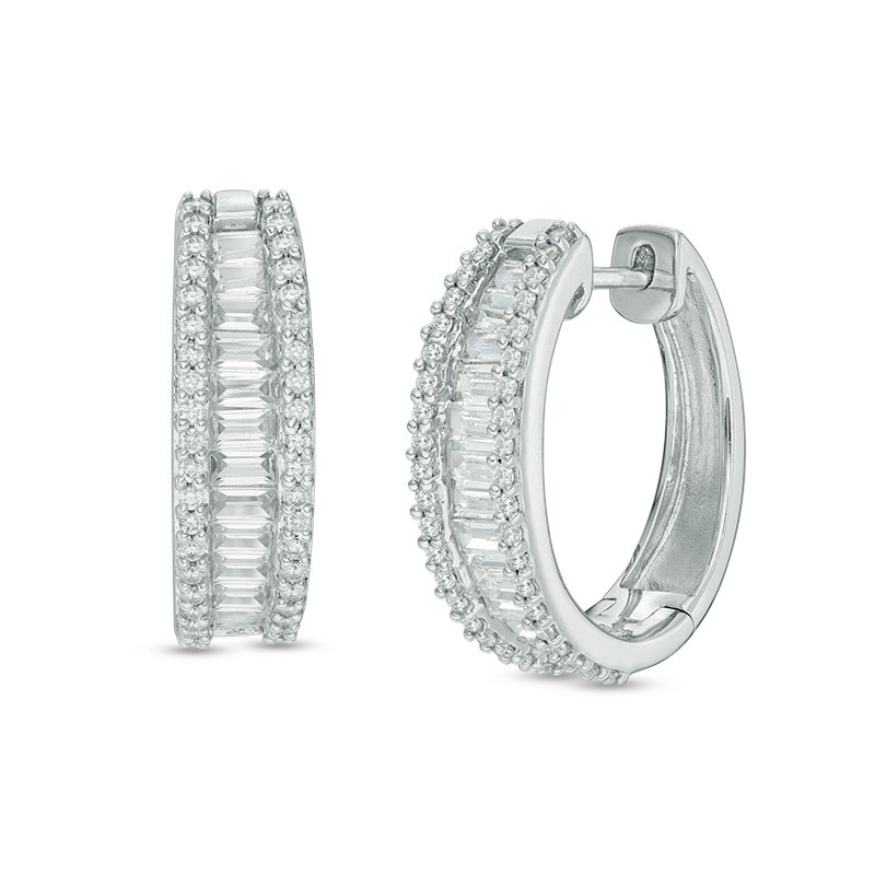 Previously Owned - Baguette Lab-Created White Sapphire Triple Row Oval Hoop Earrings in Sterling Silver