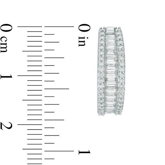 Previously Owned - Baguette Lab-Created White Sapphire Triple Row Oval Hoop Earrings in Sterling Silver