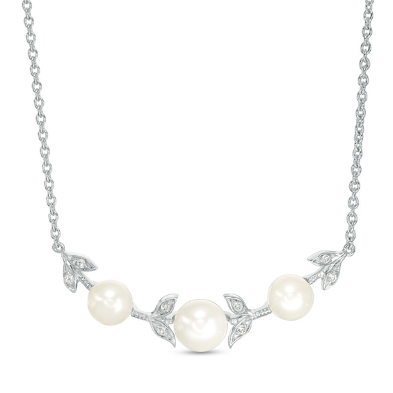 Previously Owned-5.0-7.0mm Freshwater Cultured Pearl and Lab-Created White Sapphire Vine Necklace in Sterling Silver