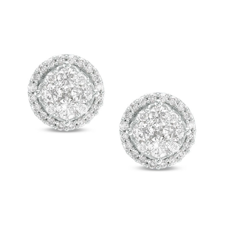 Main Image 1 of Previously Owned - 1 CT. T.W. Multi-Diamond Frame Stud Earrings in 10K White Gold