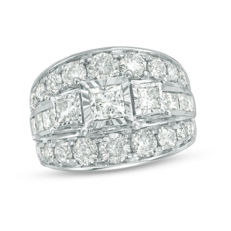 Main Image 1 of Previously Owned - 4 CT. T.W. Princess-Cut Diamond Past Present Future® Multi-Row Engagement Ring in 14K White Gold