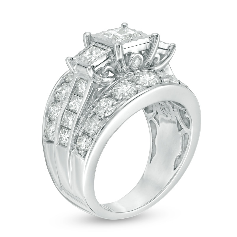 Main Image 2 of Previously Owned - 4 CT. T.W. Princess-Cut Diamond Past Present Future® Multi-Row Engagement Ring in 14K White Gold