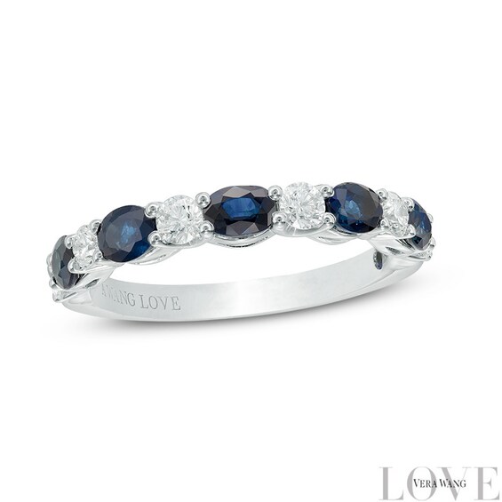 Previously Owned - Vera Wang Love Collection Blue Sapphire and 3/8 CT. T.w. Diamond Alternating Band in 14K White Gold