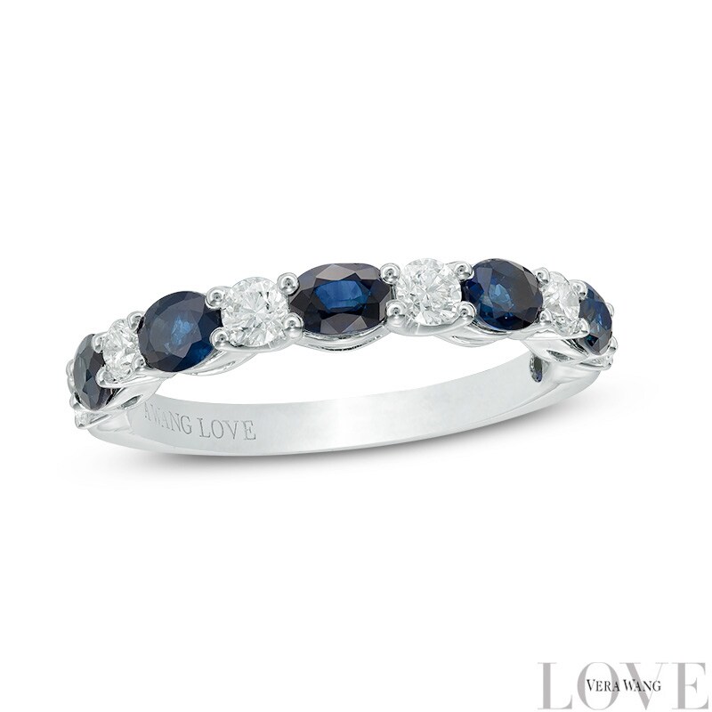Main Image 1 of Previously Owned - Vera Wang Love Collection Blue Sapphire and 3/8 CT. T.W. Diamond Alternating Band in 14K White Gold
