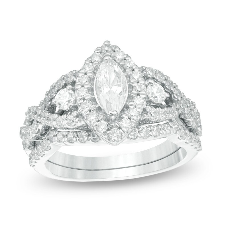 Main Image 1 of Previously Owned - 1-1/2 CT. T.W. Marquise Diamond Frame Twist Bridal Set in 10K White Gold
