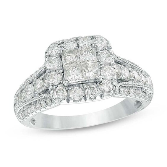 Previously Owned - 1-1/3 CT. T.w. Quad Princess-Cut Diamond Frame Vintage-Style Engagement Ring in 14K White Gold