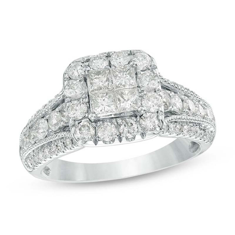 Previously Owned - 1-1/3 CT. T.W. Quad Princess-Cut Diamond Frame Vintage-Style Engagement Ring in 14K White Gold