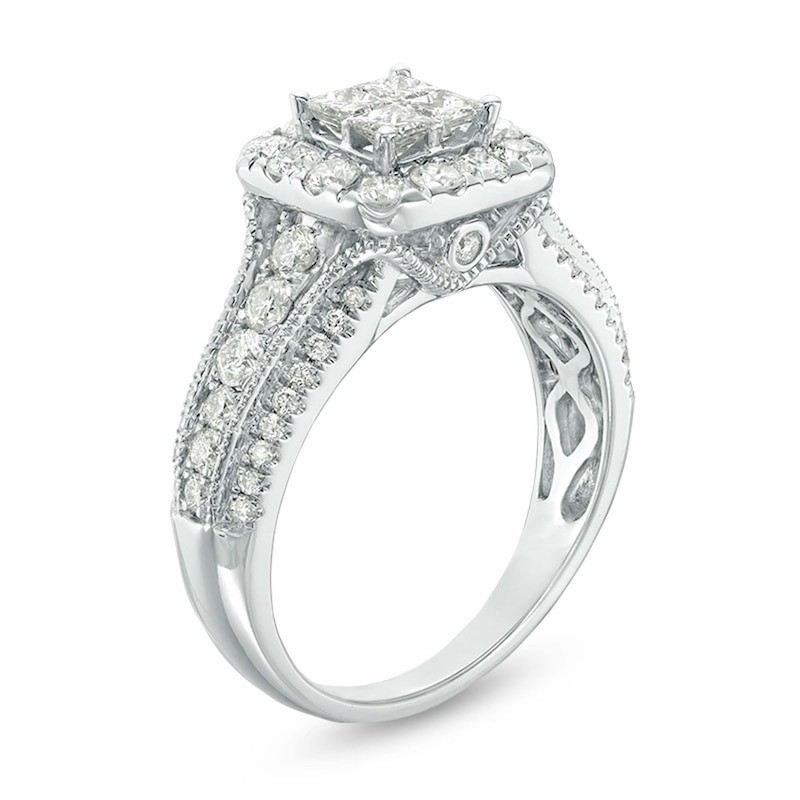 Previously Owned - 1-1/3 CT. T.W. Quad Princess-Cut Diamond Frame Vintage-Style Engagement Ring in 14K White Gold