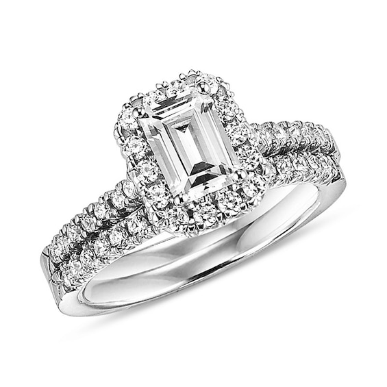 Previously Owned - 3/4 CT. T.w. Emerald-Cut Diamond Frame Bridal Set in 14K White Gold