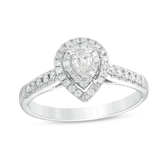 Previously Owned - 1/2 CT. T.W. Pear-Shaped Diamond Double Frame Engagement Ring in 14K White Gold Previously Owned - 1/2 CT. T.W. Pear-Shaped Diamond Double Frame Engagement Ring in 14K White Gold