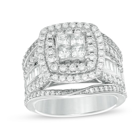Previously Owned - 2-1/2 CT. T.w. Quad Princess-Cut Diamond Double Frame Multi-Row Engagement Ring in 14K White Gold