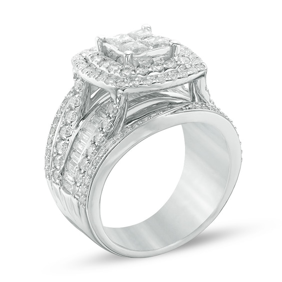 Previously Owned - 2-1/2 CT. T.w. Quad Princess-Cut Diamond Double Frame Multi-Row Engagement Ring in 14K White Gold