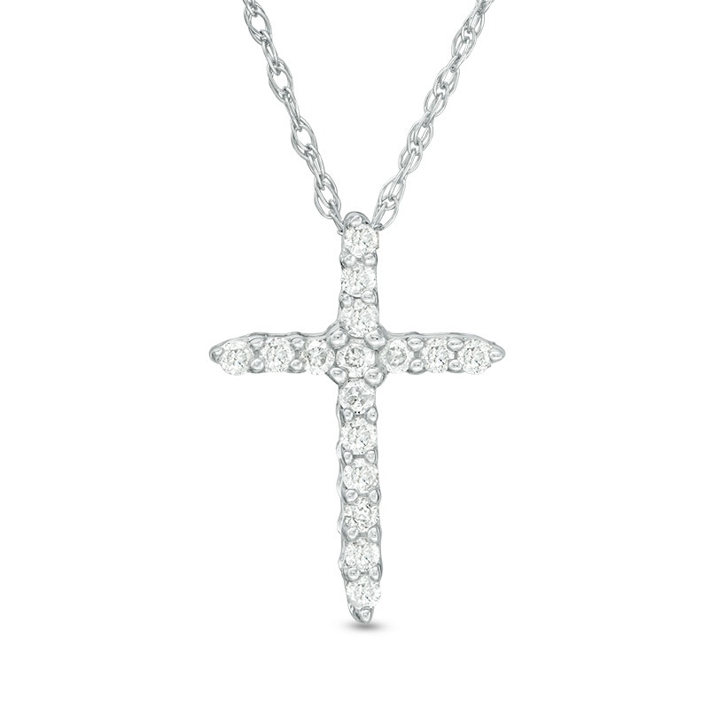 Main Image 1 of Previously Owned - 1/8 CT. T.W. Diamond Cross Pendant in 14K White Gold