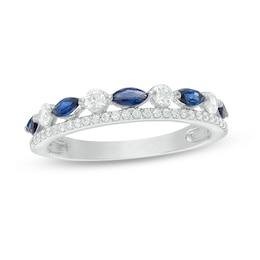 Previously Owned - Marquise Blue Sapphire and 1/3 CT. T.W. Diamond Double Row Band in 14K White Gold