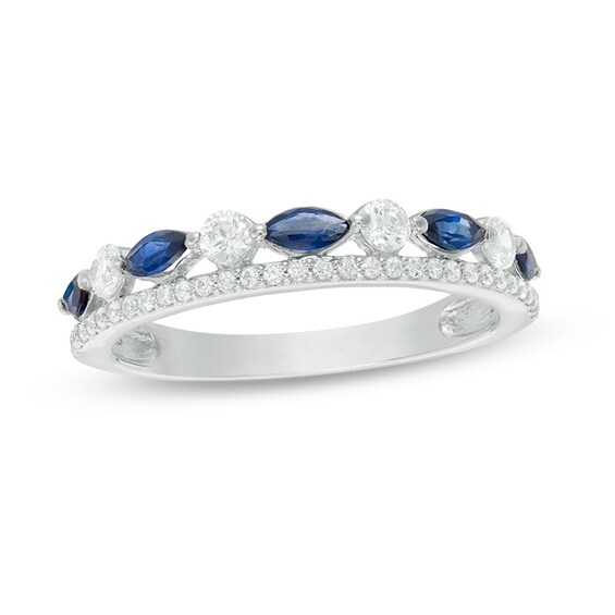 Previously Owned - Marquise Blue Sapphire and 1/3 CT. T.w. Diamond Double Row Band in 14K White Gold