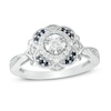 Thumbnail Image 1 of Previously Owned - 1/3 CT. T.W. Diamond and Blue Sapphire Flower Frame Vintage-Style Engagement Ring in 10K White Gold
